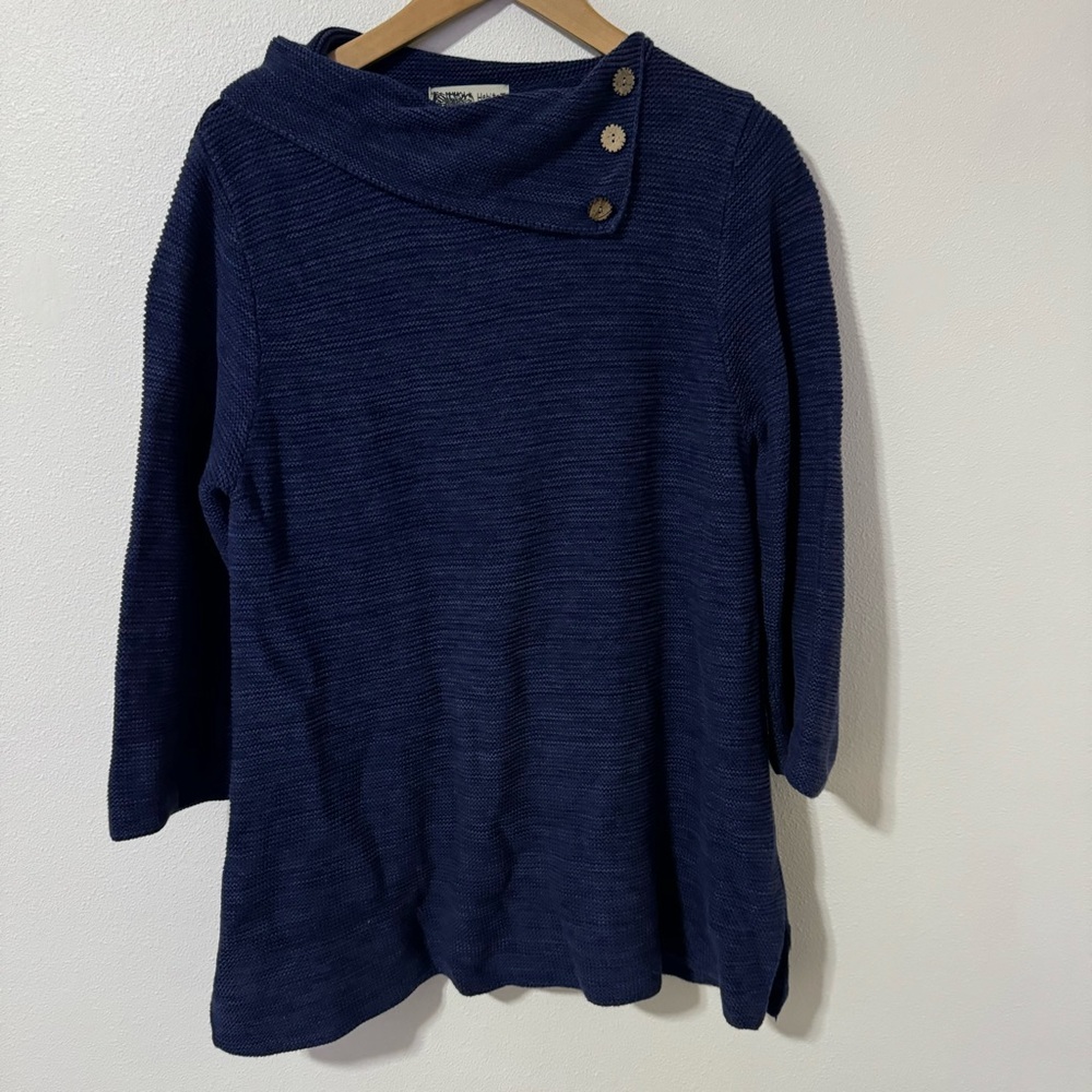 Habitat Button Cowl Neck Tunic Sweater Deep Ocean Blue Cotton Rib Knit-Medium